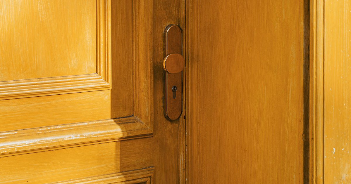 Porte intérieure pleine en bois avec sa poignée, fermée sur son huisserie